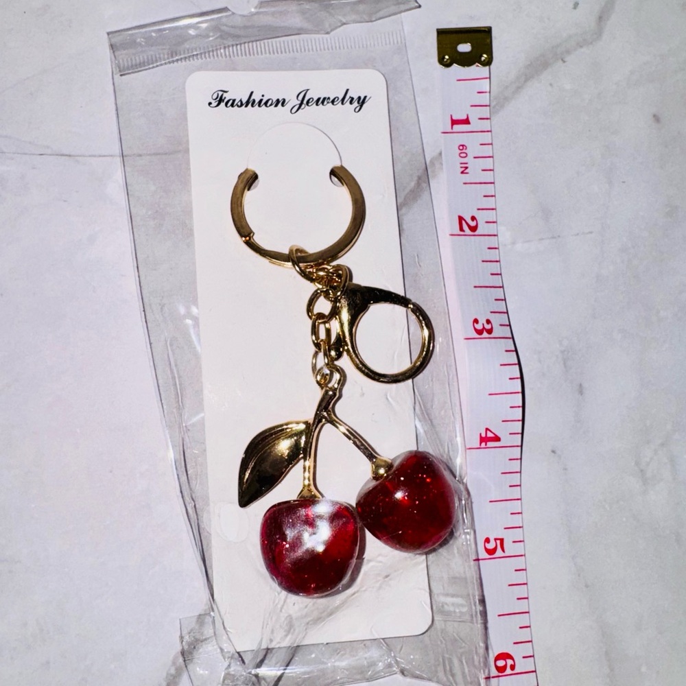 Fashion Cherry Bag-charm Keychain Red Glitter Resin w lobster claw 4” long